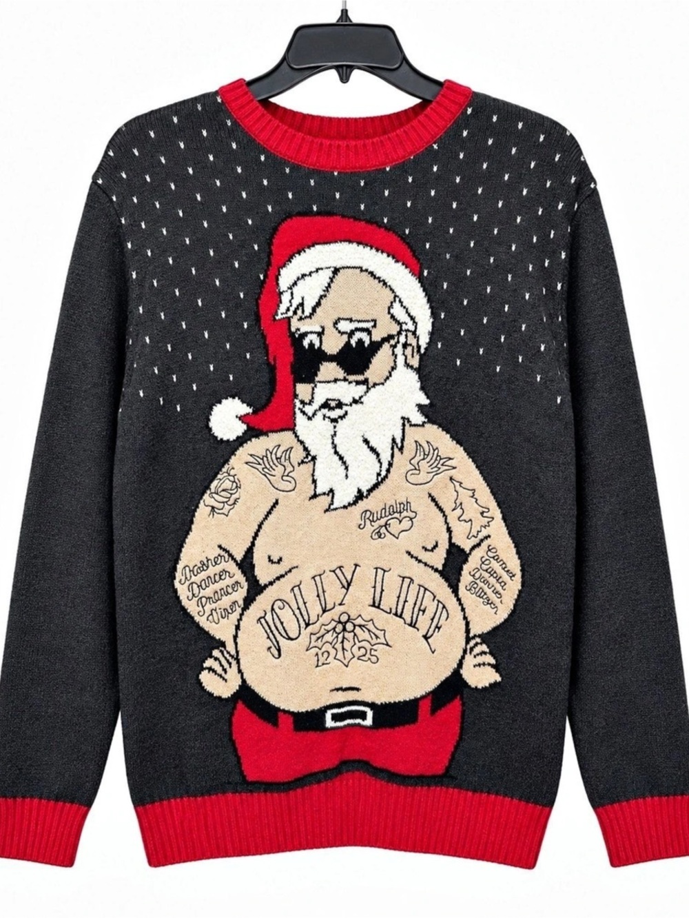Ugly Christmas Sweater Tattooed Santa Jolly Life Funny Holiday Sweater Size L